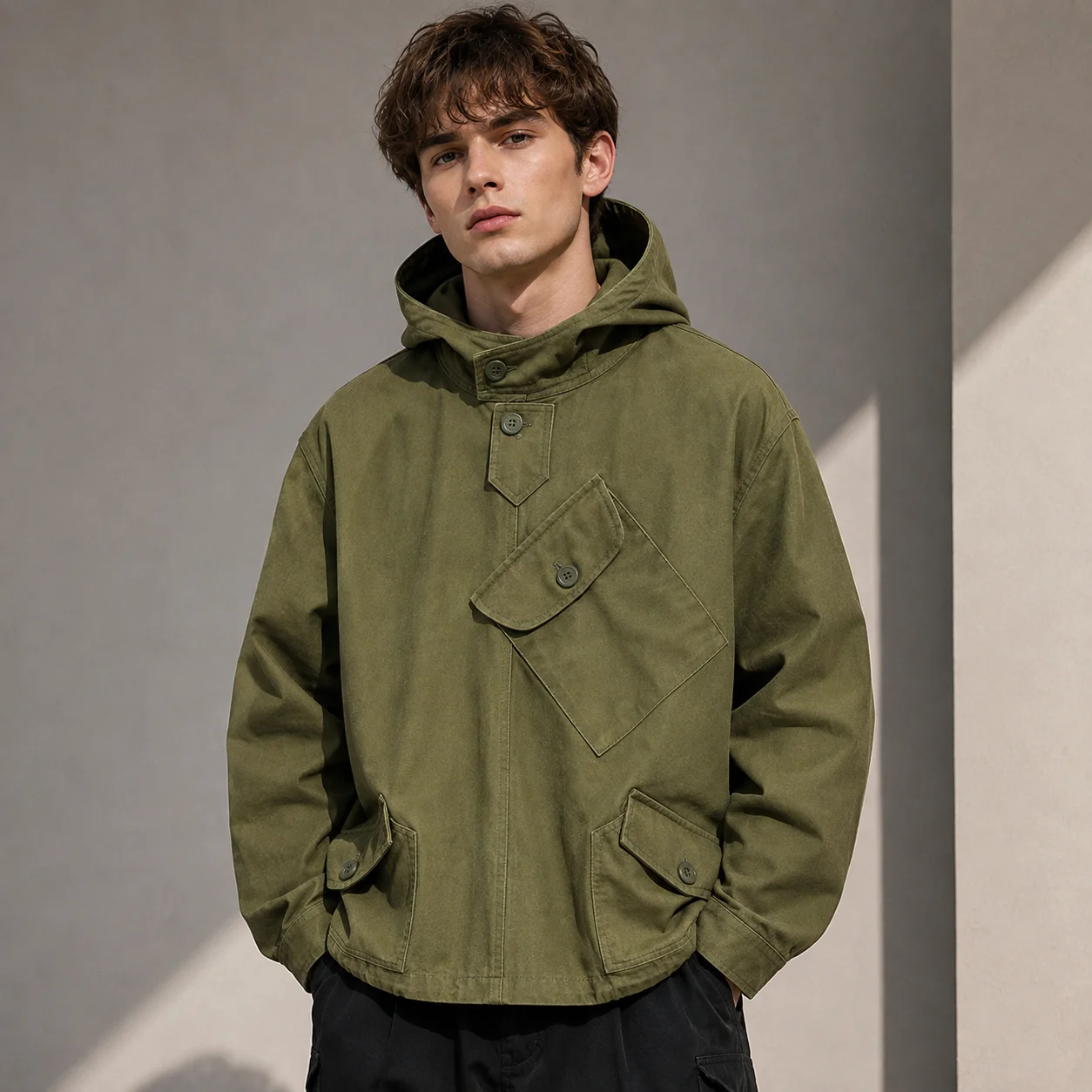 Men's Vintage Military Hooded Pullover Jacket Casual Anorak Utility Workwear Long Sleeve Spring Autumn