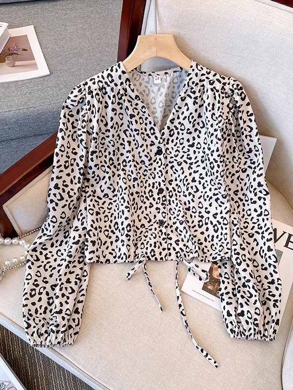 

Ele Vintage Leopard Print Chiffon irt Women's plus Size Spring Season Design Belted Top V-Ne Long Sve Casual Wear