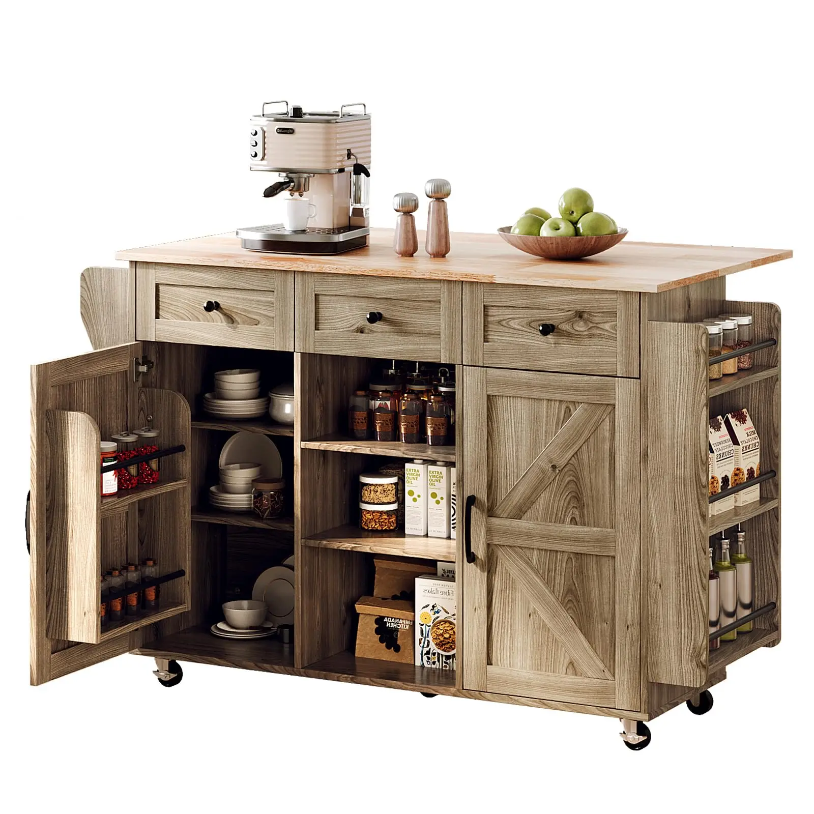 52" W Farmhouse Kitchen Island on Wheels with Storage, Grey Brown