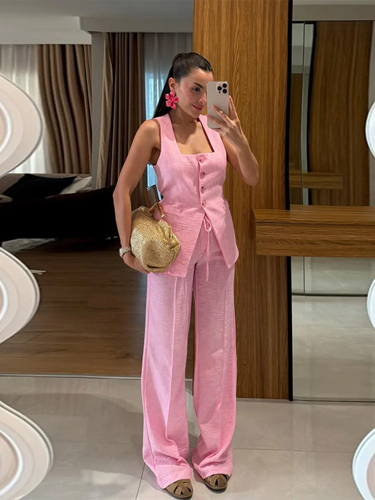 Conjunto elegante de chaleco y pantalones con cuello cuadrado para mujer, traje sin mangas con botones y cintura ceñida, moda de verano 2025, trajes de oficina de 2 piezas para mujer