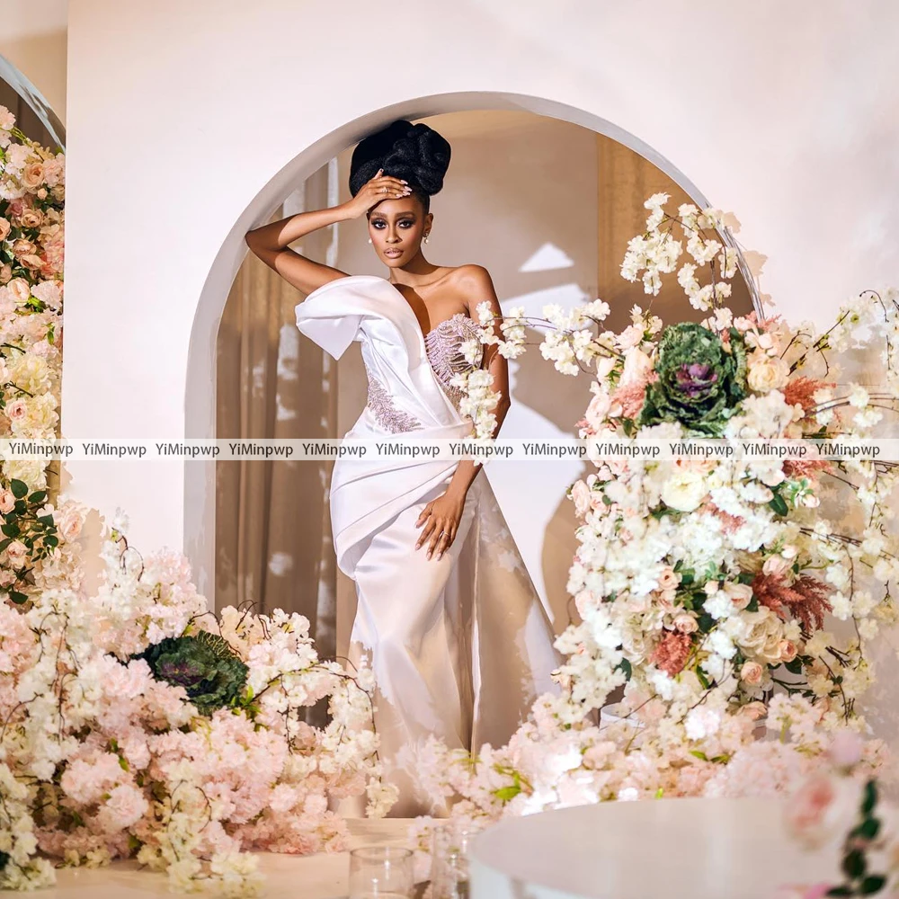 아프리카 인어 웨딩 드레스 럭셔리 2025 원 숄더 코르셋 스윕 트레인 크리스탈 로브 드 마리에 2025 신부 가운 맞춤형