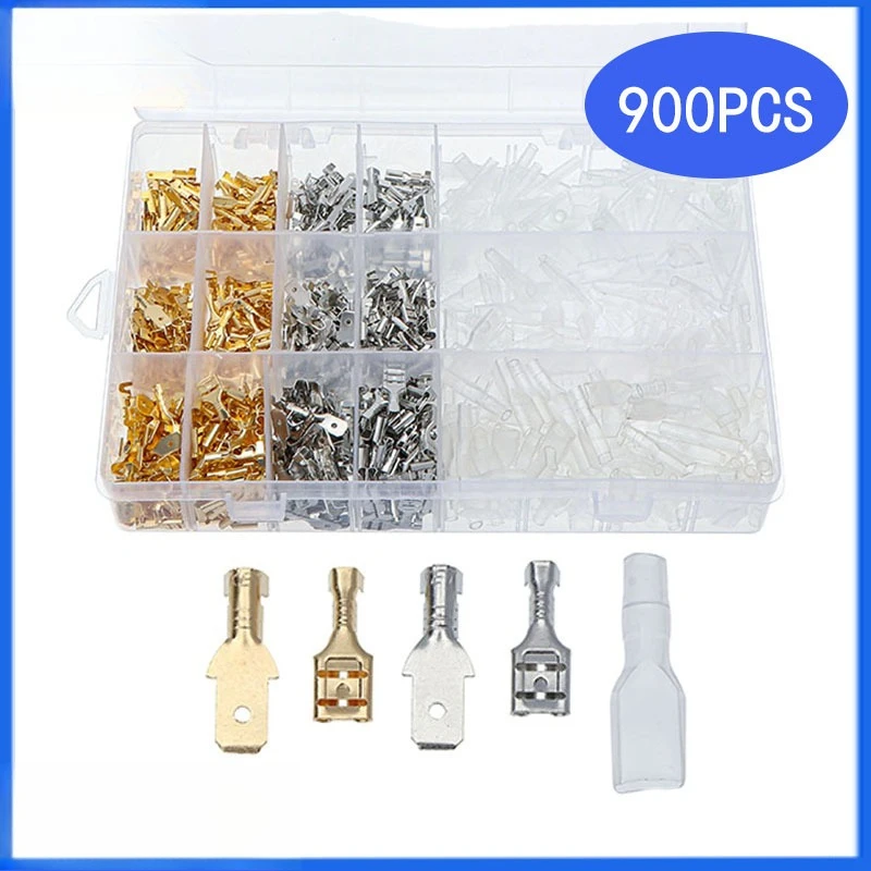 

900Pcs/Box Gold Silver Male Female Tab Terminals Uninsulated Crimp Connectors with Insulation Sleeves