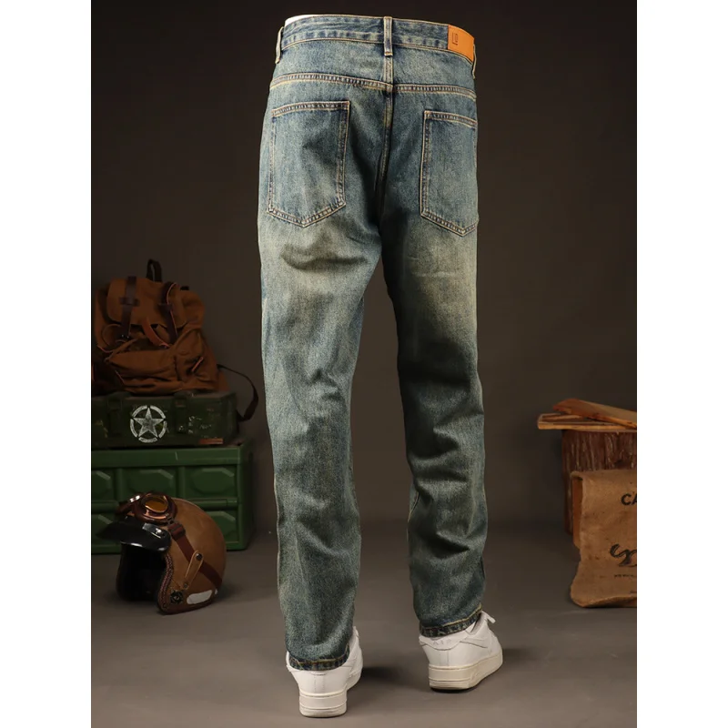 2025 موضة الشارع ملابس للرجال الأمريكية الرجعية الجينز الرجال فضفاض مستقيم أنبوب ثقب التصحيح الشباب السراويل الطويلة