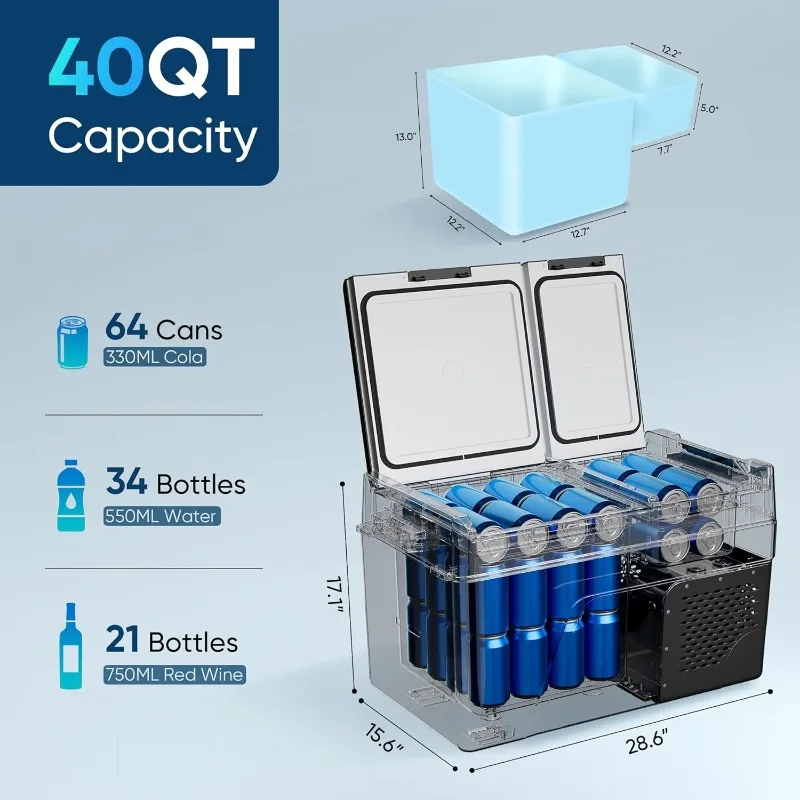 ثلاجة سيارة 12 فولت - 40 كيو تي (38 لتر) مبرد كهربائي ثنائي المنطقة، ثلاجة سيارة -4 ℉ ~68 ℉