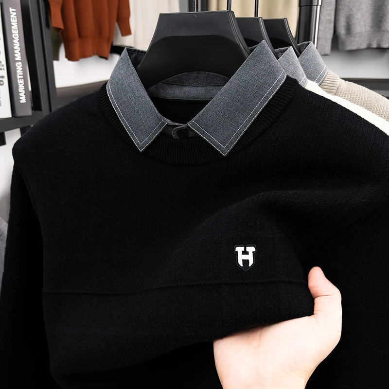 Men’s Knit Sweater Fake Two Piece Layered Design Long Sleeve Round Neck Soft Warm Fabric Casual Fashion Autumn Winter Men’s We