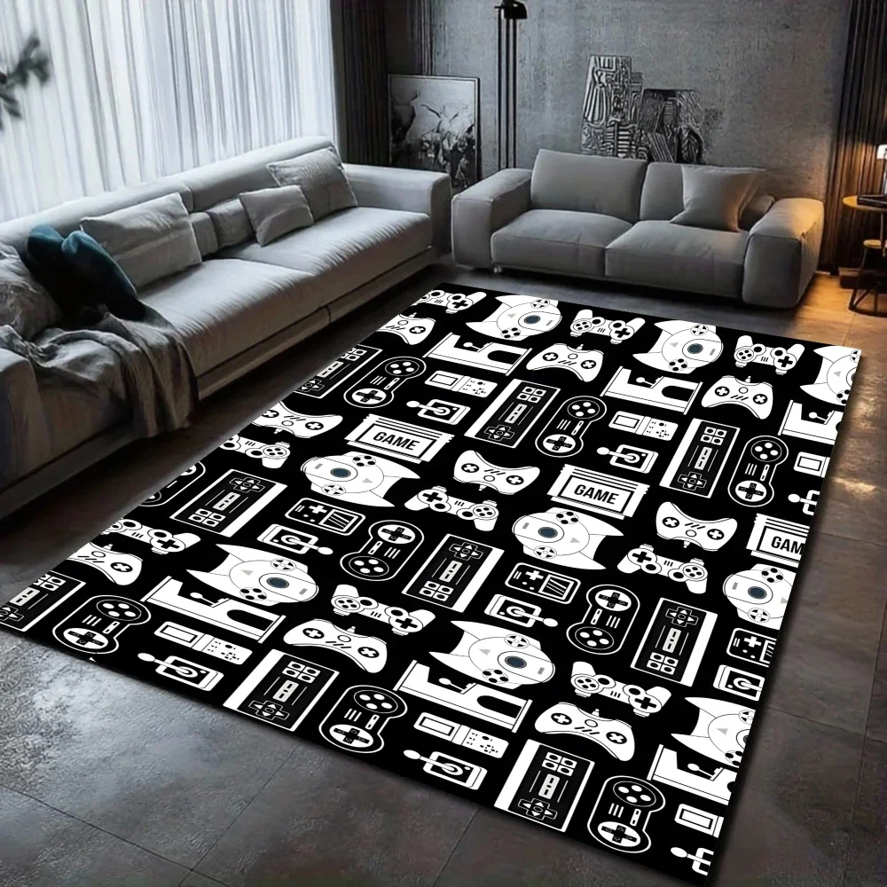 Black White Gaming Controller Pattern Rug, Non-Slip Game Room Carpet & Man Cave Floor Mat, Dorm Bedroom Living Room Decor