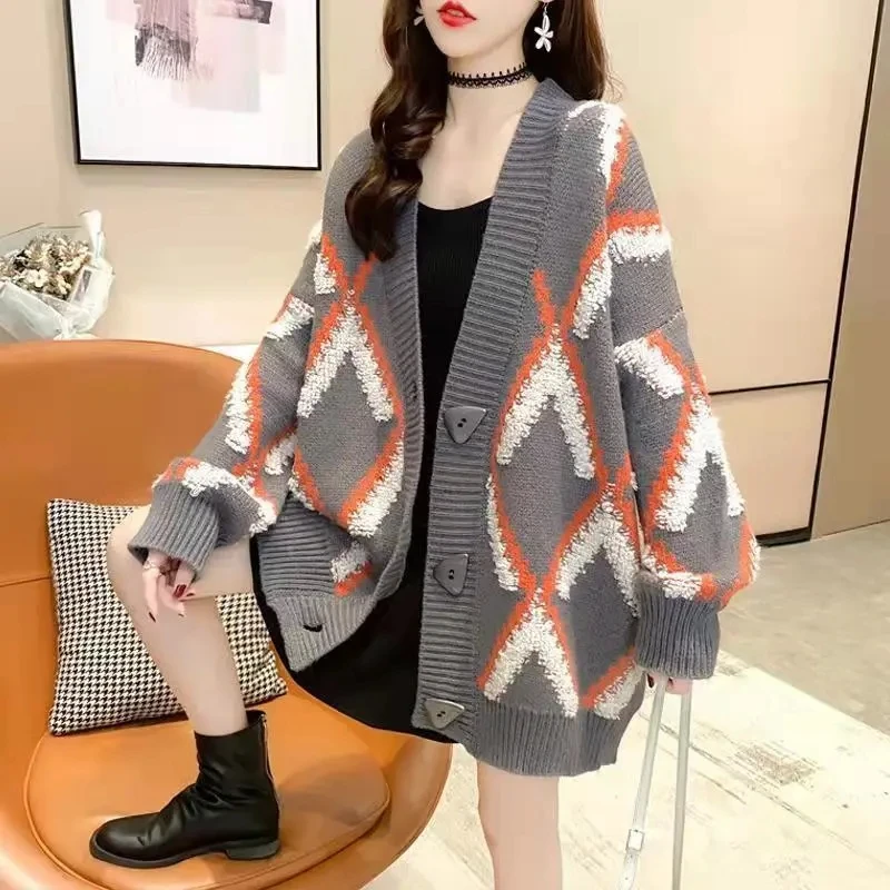 2024Autumn Winter New Sweater Women\'s Cardigan Thickened Korean Style Coat Loose Lazy Jackets Foreign Style Female Outerwear Top