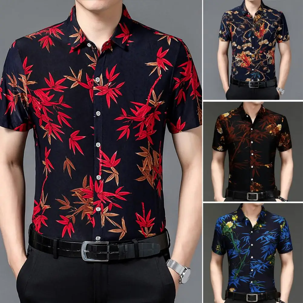 Men Vintage Shirt Men's Floral Print Slim Fit Cardigan with Turn-down Collar Detail Summer Ice Silk Shirt for Plus Size Men