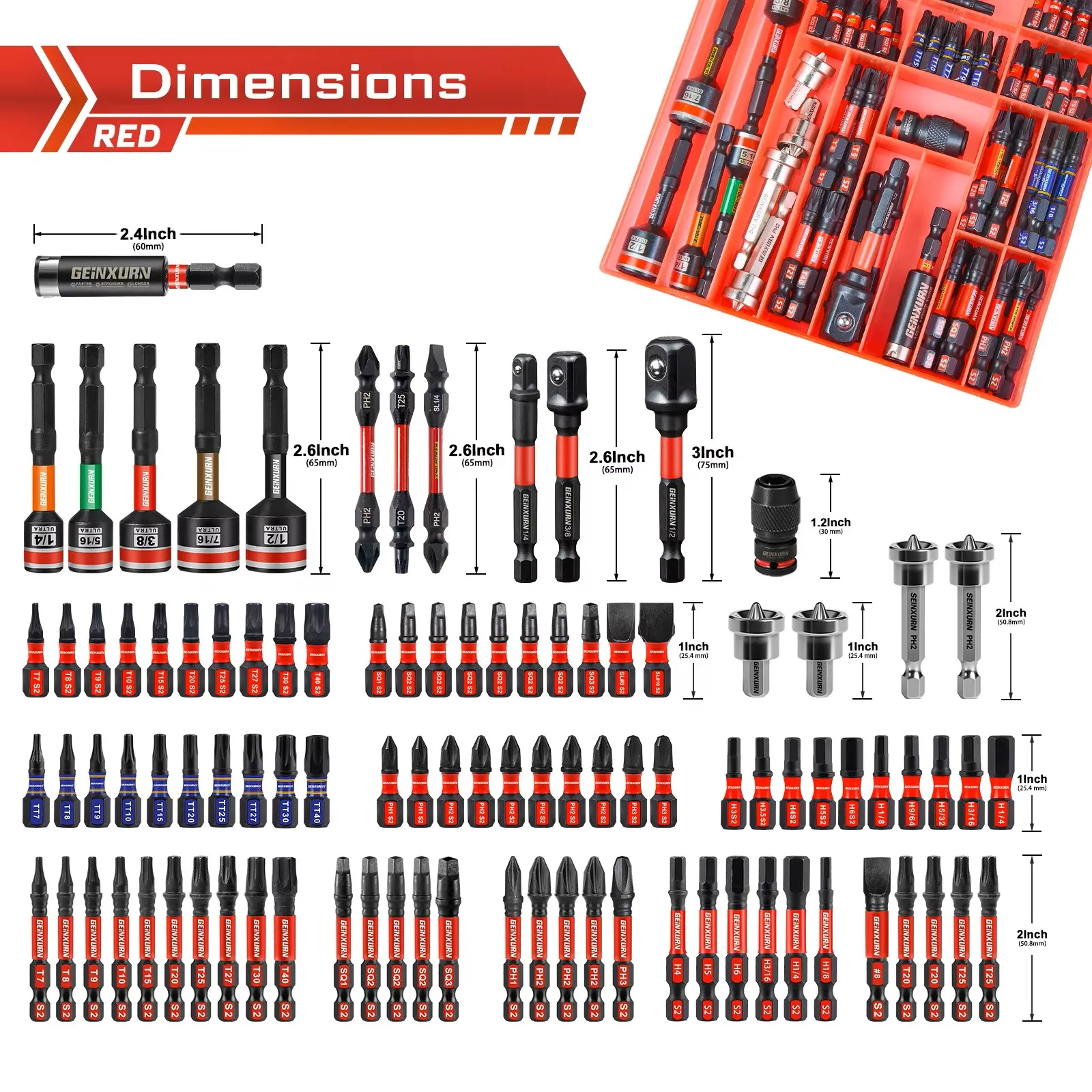 Geinxurn 98PCS  1”/2” Impact Screwdriver Bits Set, Magnetic  Driver Bits Tips,Drywall Screw Setter with Storage Box Case