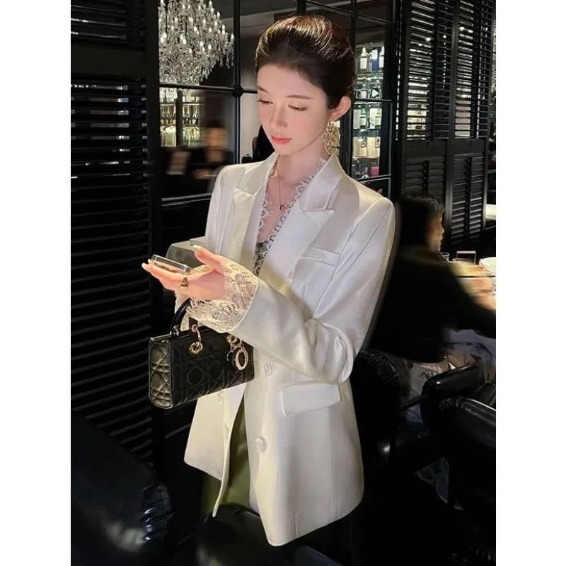 

2026 Spring New Arrival Design Chiffon Blazer for Women Loose Fit White Women's Blazer Top Double Breasted Lace Splicing Jacket