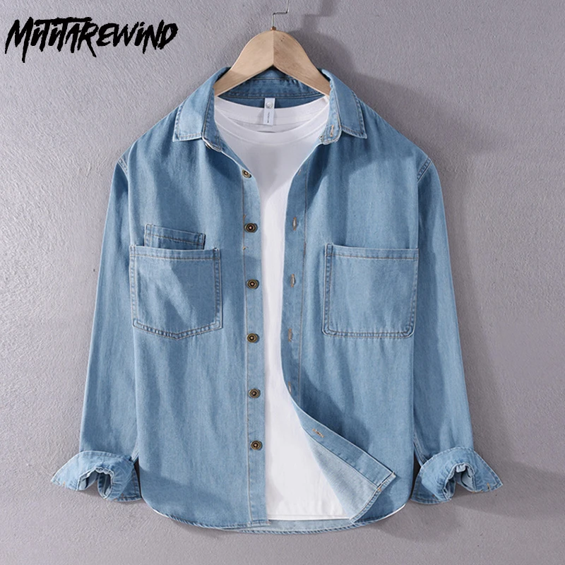 

Spring Autumn Full Sleeve Denim Shirt Men Workwear Casual Shirts Pure Cotton Pocket Blue Cowboy Shirt Fashion Loose Jean Tops