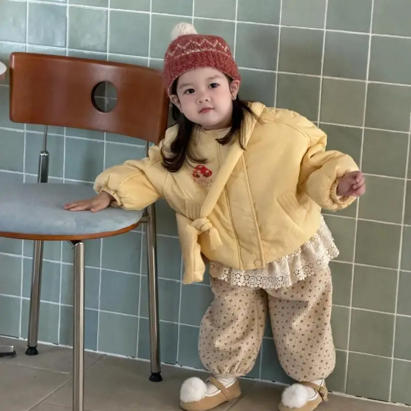 2025 Winter New Baby Cotton Padded Jacket + Bag Infant Warm Coat Plus Velvet Thick Girls Cartoon Print Jacket Toddler Clothes