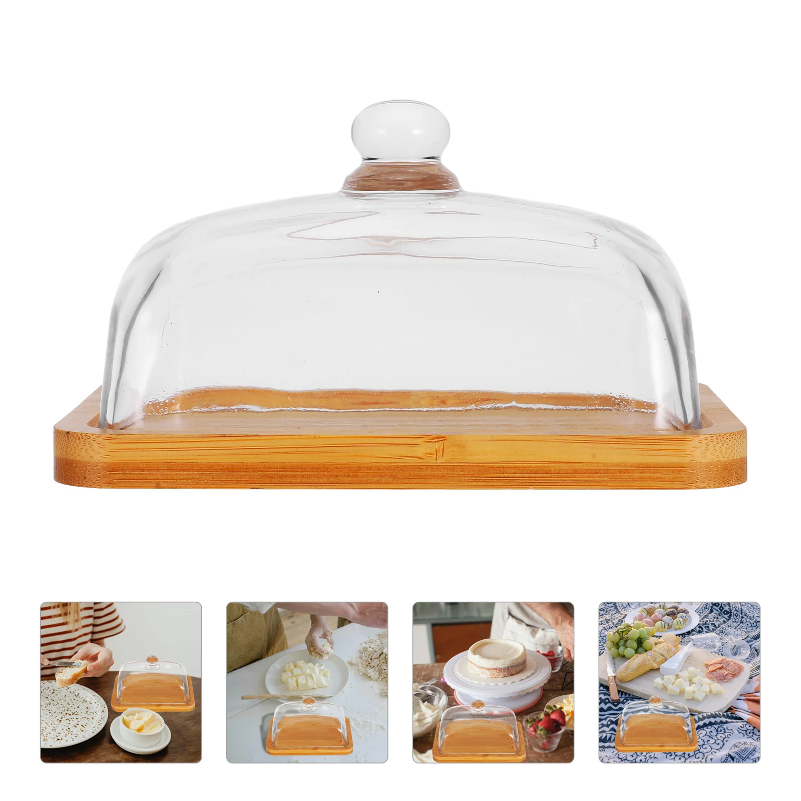 Rectangular Wooden Butter Dish Glass Lid Cheese Dome Cupcake Plate Mini Cake Stand With Dome Kitchen Dinnerware Set Clear Tray