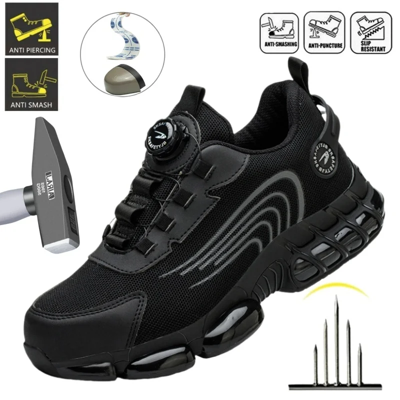 Men Rotating Button Safety Shoes Steel Toe Work Sneakers Indestructible Shoes Puncture-Proof Work Boots Air Cushion Safety Shoes