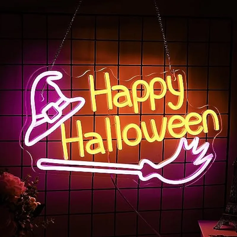 

Неоновая вывеска Happy Halloween со шляпой ведьмы, USB с регулируемой яркостью, настенный декор для жуткой вечеринки, детской комнаты, вечеринки, бара, клуба, дня рождения, подарки для детей