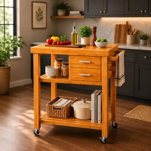 Rolling Kitchen Island Cart with Drawers Shelves, Towel Rack, Locking Casters, Butcher Block Food Prepping Cart Trolley