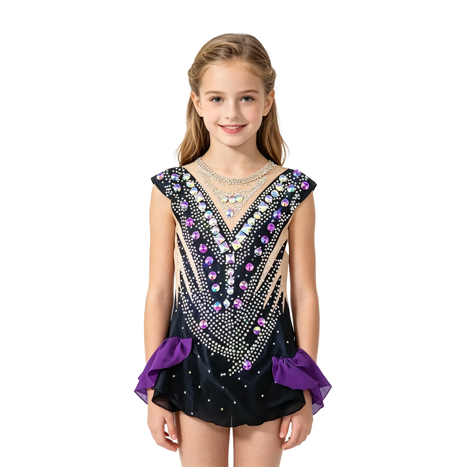Maillot de Gimnasia Brillante con Pedrería para Niñas, Negro y Morado, Sin Mangas, Maillot de Competición con Falda, Ropa de Baile para Niñas