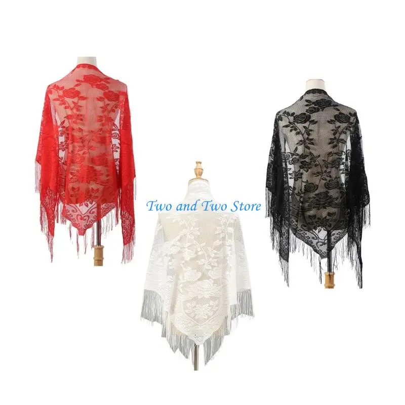 

HX6F Tassels Lace Cover Up Scarf Flower Pattern Shawl Wrap for Women Leisure Wear
