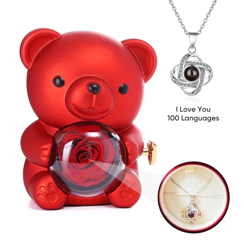 

Spin Eternal Rose Jewelry Box Hug Bear Gift Box Anniversary Birthday I Love You Projection Necklace Jewelry