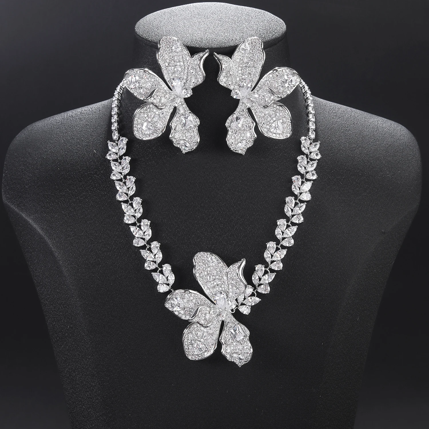 Luxury Clear Cubic Zirconia Flower Necklace Earrings Set Woman Wedding Bridal Jewelry Set Bridesmaid Gift CN11618
