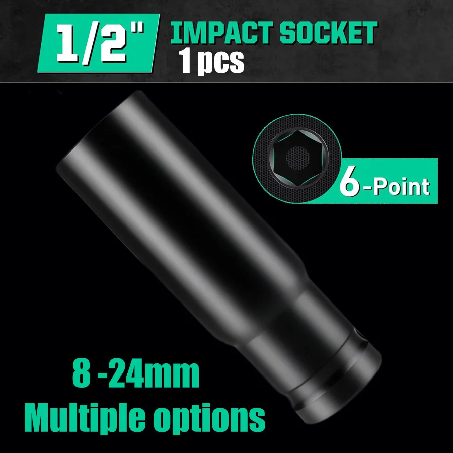 1pc 1/2 inch Drive 6-Point Deep Impact Socket, 8-24mm, Hex Socket for Motorcycle Auto Repair