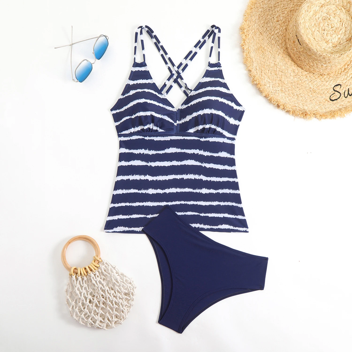 2026 Strappy Tankini Set Two Pieces Swimsuit Women Striped Swimwear Female Bathers Bathing Swimming Swim Suit Beachwear XXL image 5