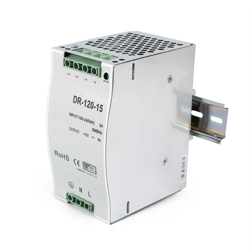 100-240V AC To DC 15V 8A 120W DIN Rail Power Supply Over Voltage Load Protection Industrial Automation Control