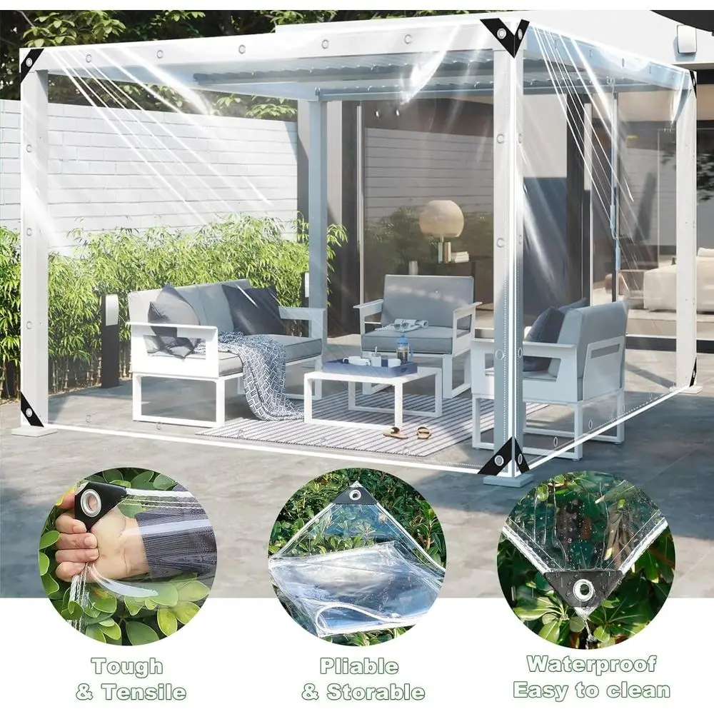Robuste wasserdichte Plane, 2,4 x 3,6 m, klares Vinyl mit Ösen zum Schutz im Freien, geeignet für Pergolen, Gewächshäuser, Terrassen,