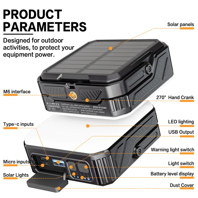10000mAh Solar Power Bank Ultra Capacity USB Charging For iPhone Samsung Xiaomi Huawei Outdoor Power with Camping Light Lanyard