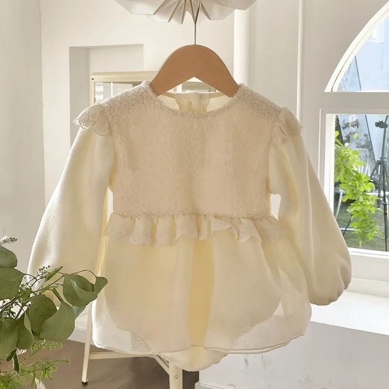 Newborn Baby Girl Lambswool Romper Dress Cap Infant Toddler Child Dress Long Sleeve Spring Autumn Jumpsuit Baby Clothes 9-18M