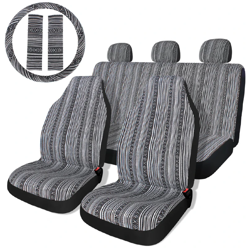 AUTO PLUS Striped Car Seat Covers Full Set with Seat Belt Pads Steering Wheel Cover Universal Washable Seat Covers for Cars