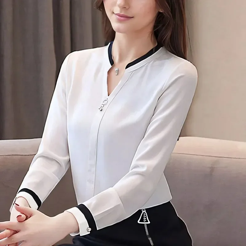 Fashion V Neck Chiffon Women\'s Shirts Elegant Long Sleeve White Women Blouse Office Tops Blue Female Clothing