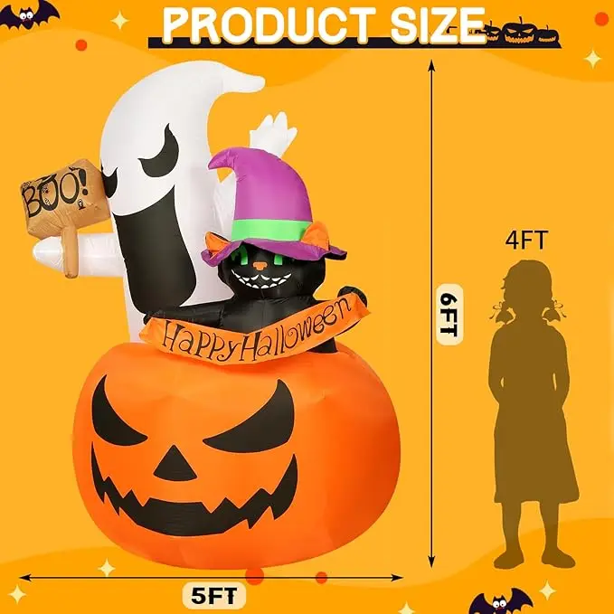 6 Fuß aufblasbare Halloween-Geisterkatze, Kürbis, Außendekoration, LED, aufblasbar, Halloween-Dekoration für Gartenparty