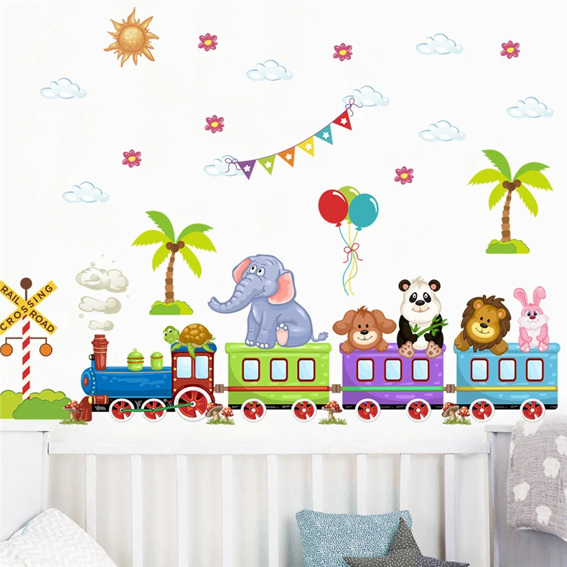 Funny Lion Rabbit Dog Animal ByTrain Wall Stickers For Kids Room Decoration Traffic Mural Art Cartoon Diy Home Decal Pvc Poster