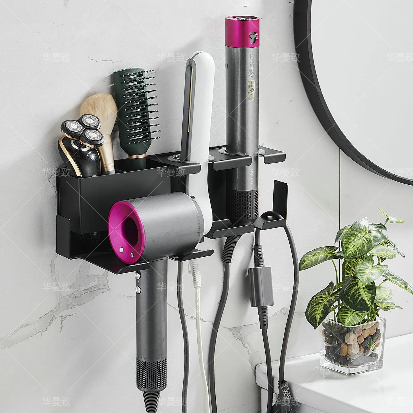 Carbon Steel Wall Mounted Hair Dryer Curler Straightener Holder Multi Compartment Bathroom Tool Storage Rack Adhesive Or Screw
