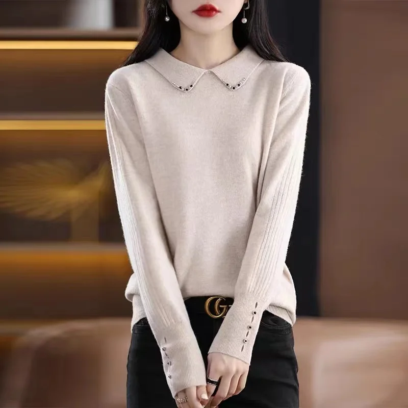 Autumn Winter Camere Knitted Long Sve Doll Collar Women's Diamond Embedded Wool Base irt Slim Fit Commute Sle Pure C...