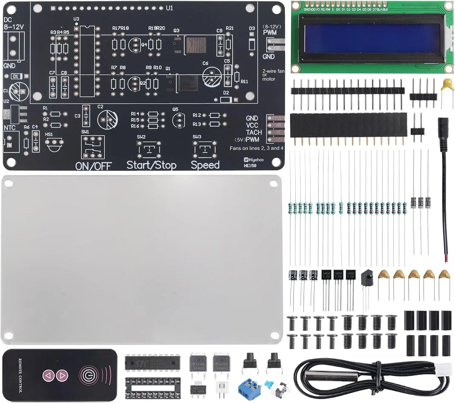 DC 12V PWM Fan Controller DIY Soldering Project LCD Temp Display with IR Remote Adjustable Speed for 2/3/4-Wire PC Cooling Fans
