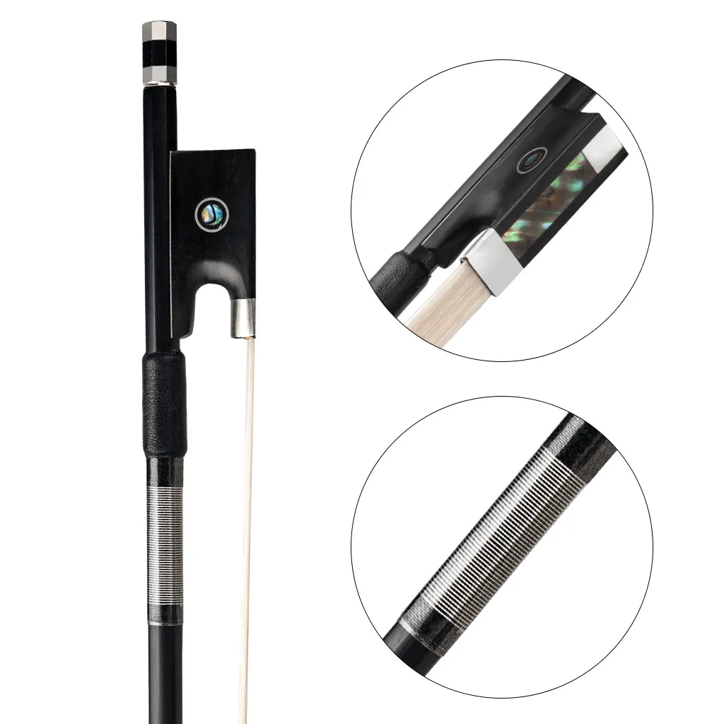 

Смычок для скрипки 4/4-1/16 из черного углеродного волокна с наконечником из черного дерева, никелированным серебром и белым конским волосом.