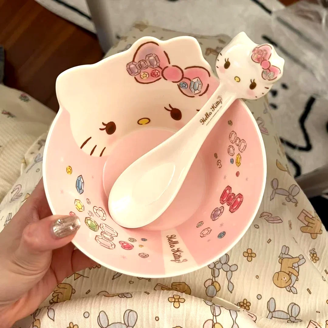 Sanrio Hello Kitty Cute Tableware Kawaii Cartoon Home Lunch Lunch Bowl Princess Pink Girly Heart Anti-scald Bowl Spoon Gift