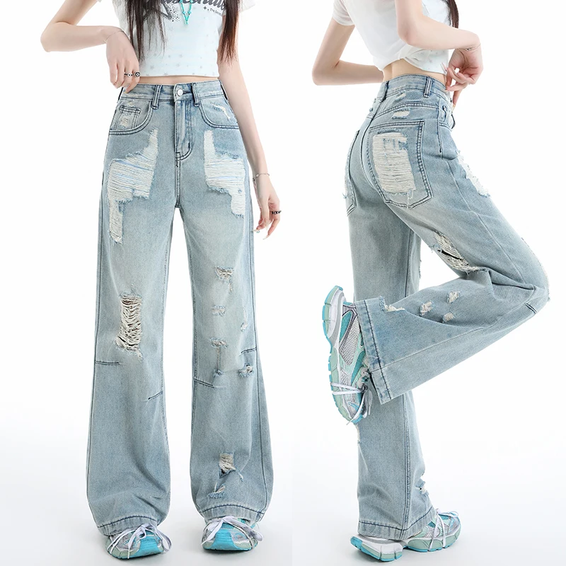 Women Ripped Wide Leg Jeans Vintage Distressed Denim Pants High Waist Loose Fit Trousers Streetwear Y2K Grunge Hole Destroyed