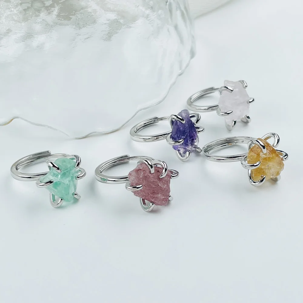 Anillos irregulares de piedra de cuarzo de roca Natural, Color plateado, piedra Mineral cruda, fluorita, citrinos, anillo de cristal rosa y morado para meditación