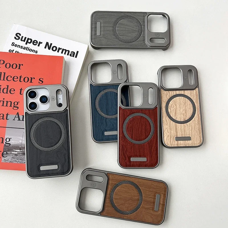 

Для магнитной беспроводной зарядки Magsafe, бронированный чехол для телефона из ПК с деревянным зерном, чехол для iPhone 17 Pro Max, безграничный бампер, задняя крышка