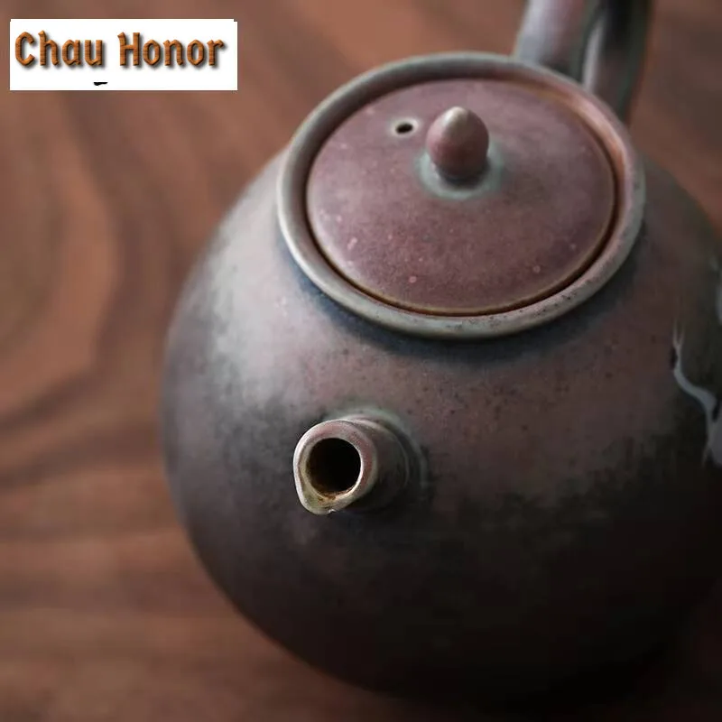 260ml Retro Handpainted Coarse Pottery Ceramic Red-crowned Craneteapot Handmade Chinese Tea Brewing Pot Kung Fu Kettle Teaset