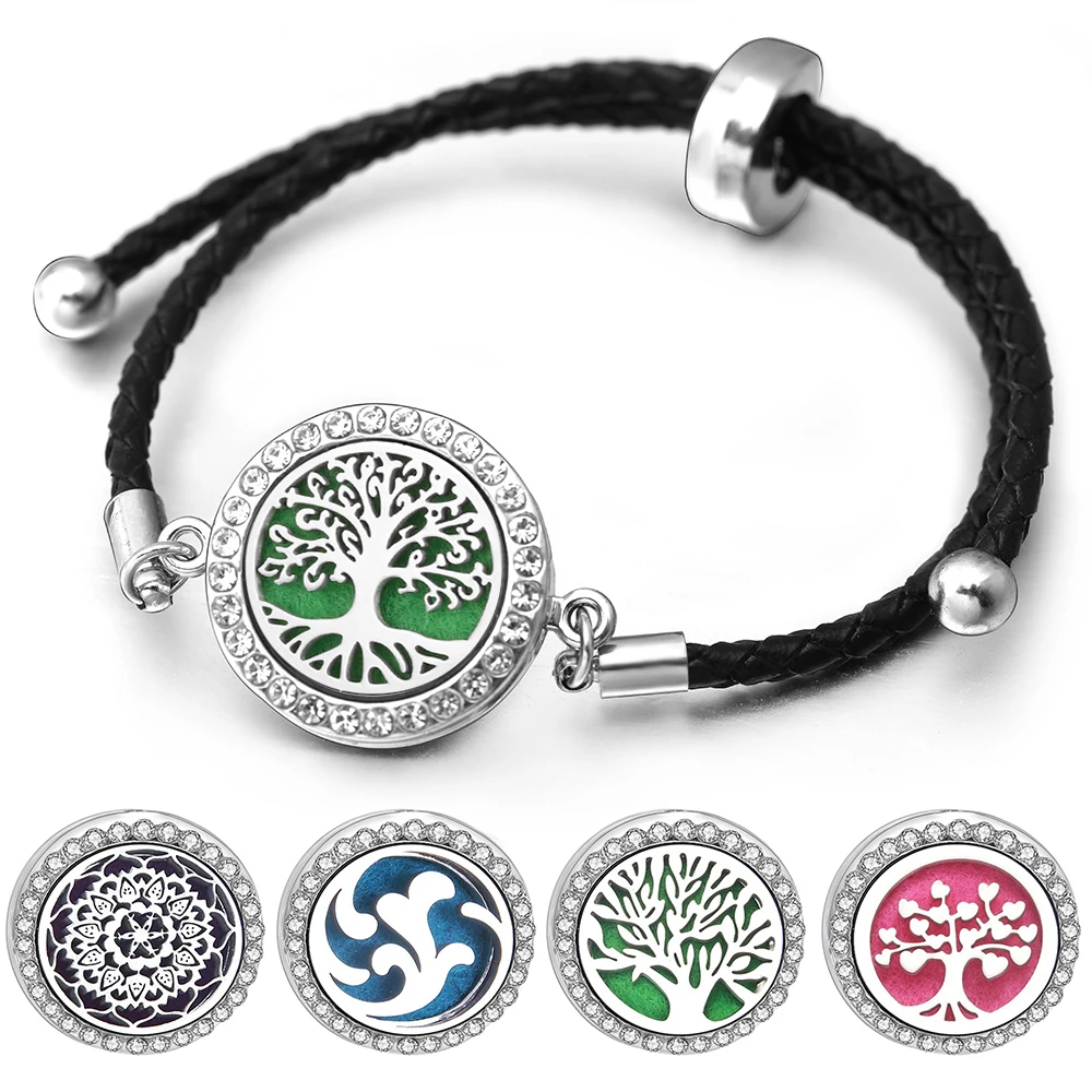 2023 New Leather Stainless Steel Aromatherapy Bangle Tree of Life Essential Oil Diffuser Zircon Perfume Locket Bracelet Jewelry