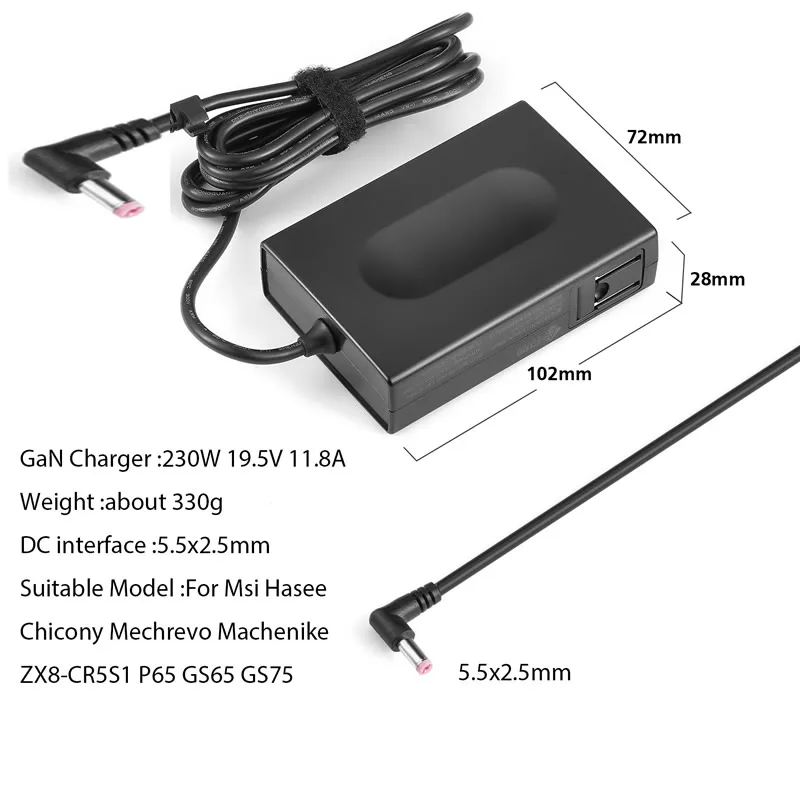 Go! 230w GaN 19.5V 11.8A 5.5x2.5mm portable adapter high power charger for gaming laptops ac adapter for Msi Hasee Chicony