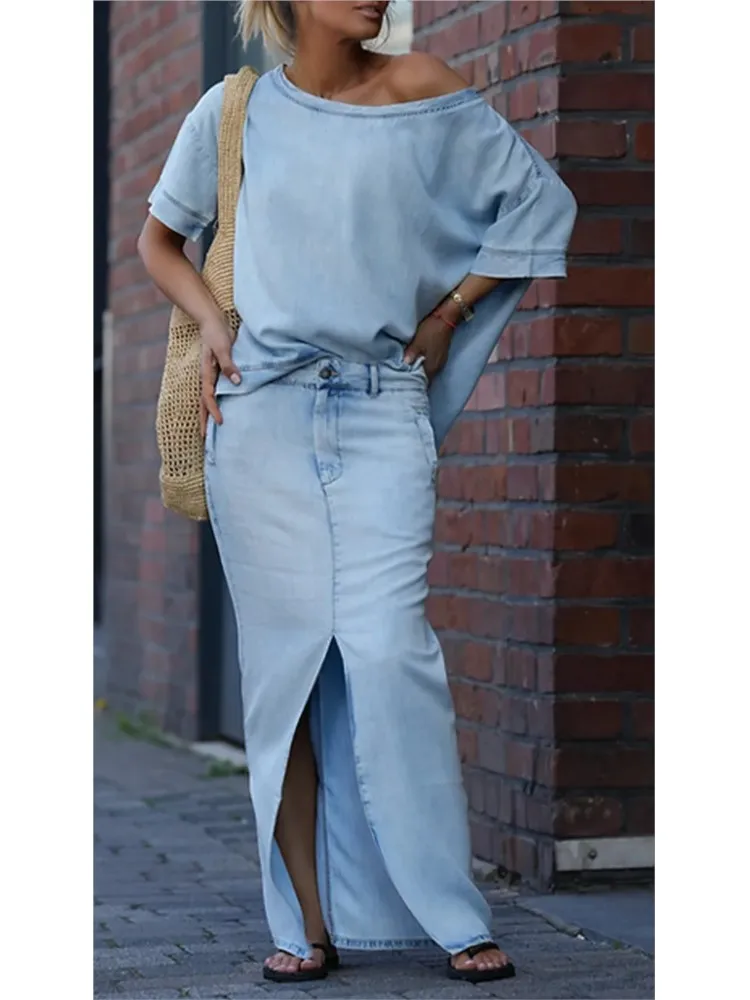 

Женские макси-юбки с косым воротником и разрезом, комплекты из двух предметов, весна-лето 2023, повседневный свободный лоскутный наряд, элегантные женские однотонные костюмы