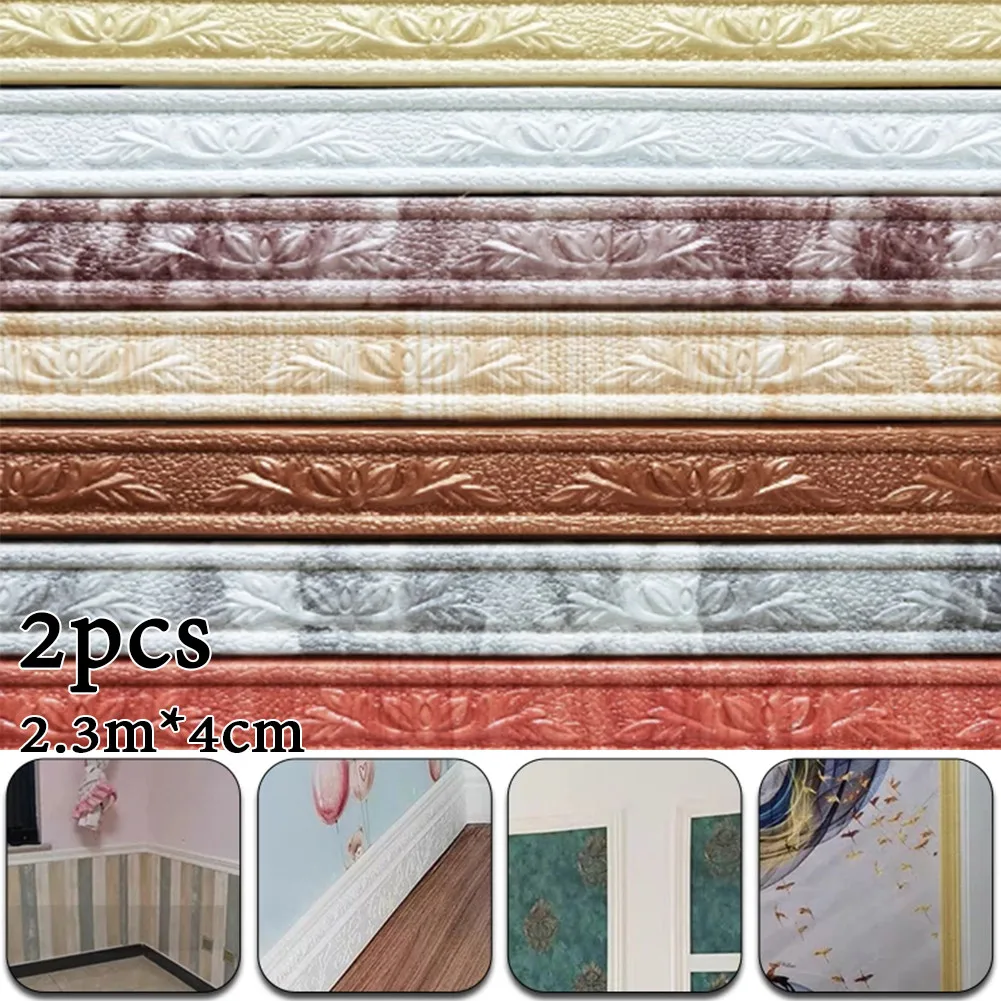 2pc 3D Foam Embossed Wall Stickers Removable Anti-Collision Border Edge Strip Skirting Waist Line Waterproof Self-Adhesive Wallp