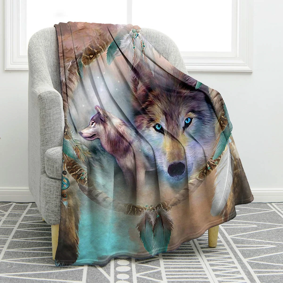 Wolf Dream Catcher Blanket Print Soft Comfort Warm Throw Blanket for Couch Bed Sofa Travelling Camping Gifts Large Name Custom