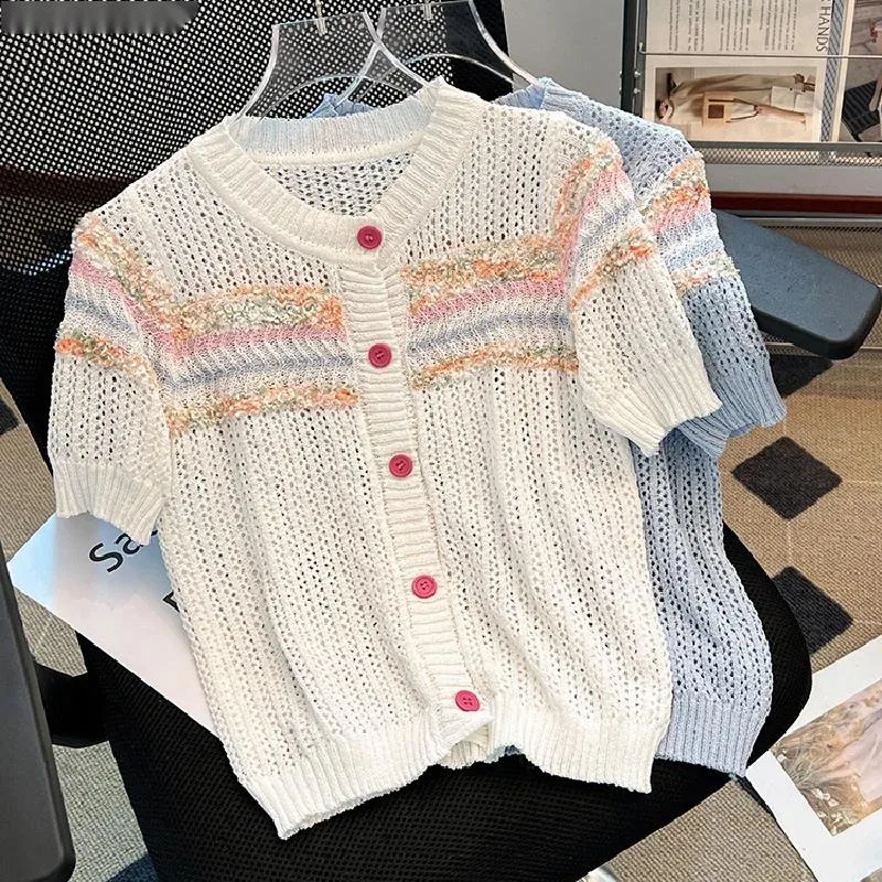 

Rainbow Striped Knit Sweater Cardigan Women 2025 Summer Hollow Out Short Sleeve Single-breasted Elegant Fashion Knitwear Jumpers