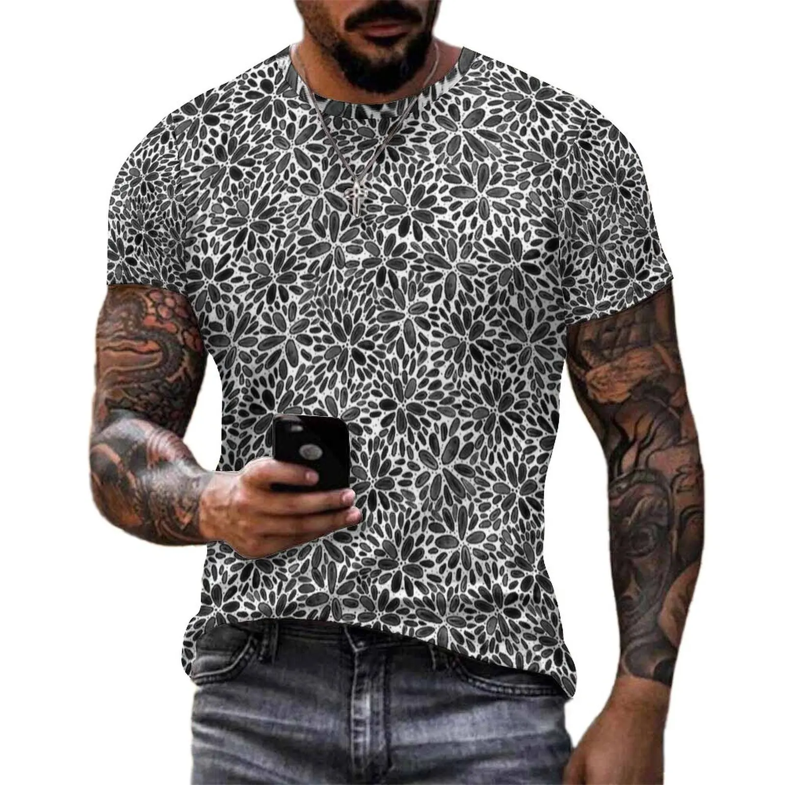 Man Watercolor Leaf Cluster Print T-Shirt  Vintage T Shirts Short Sleeve Graphic Tops Cheap Original Funny Big Size Clothing
